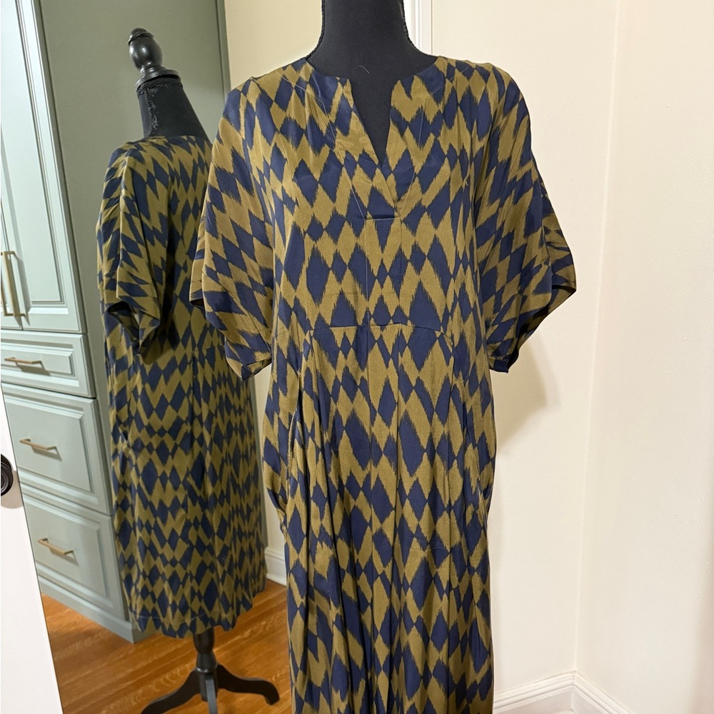 Toast UK  Navy and Olive Geometric Midi Dress